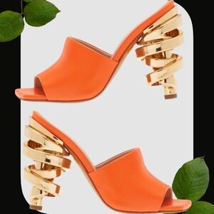 Keeyahri Orange and Gold Spiral-Heel Mule Sandals